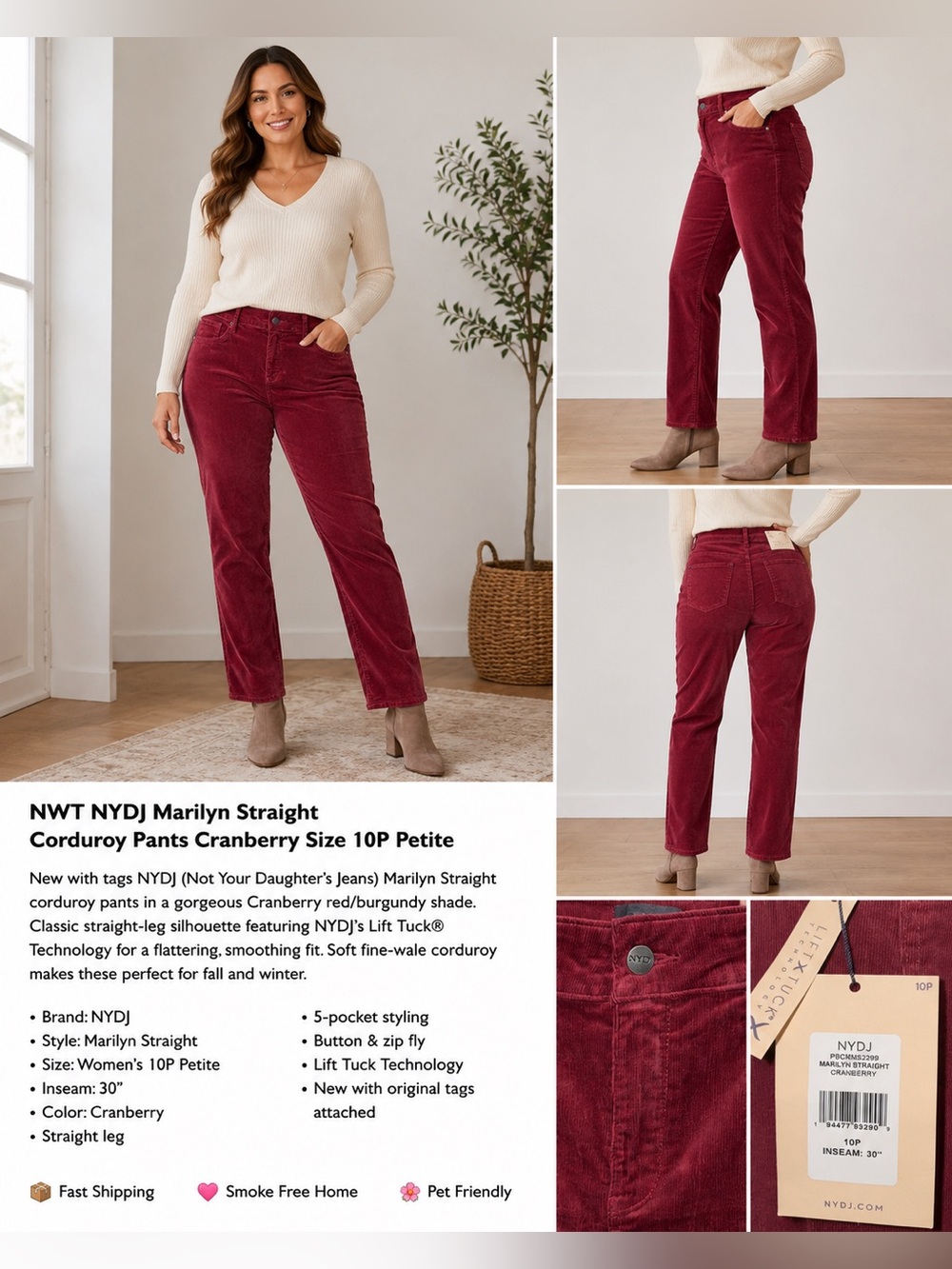 NWT NYDJ Marilyn Straight Corduroy Pants Cranberry Size 10P Petite